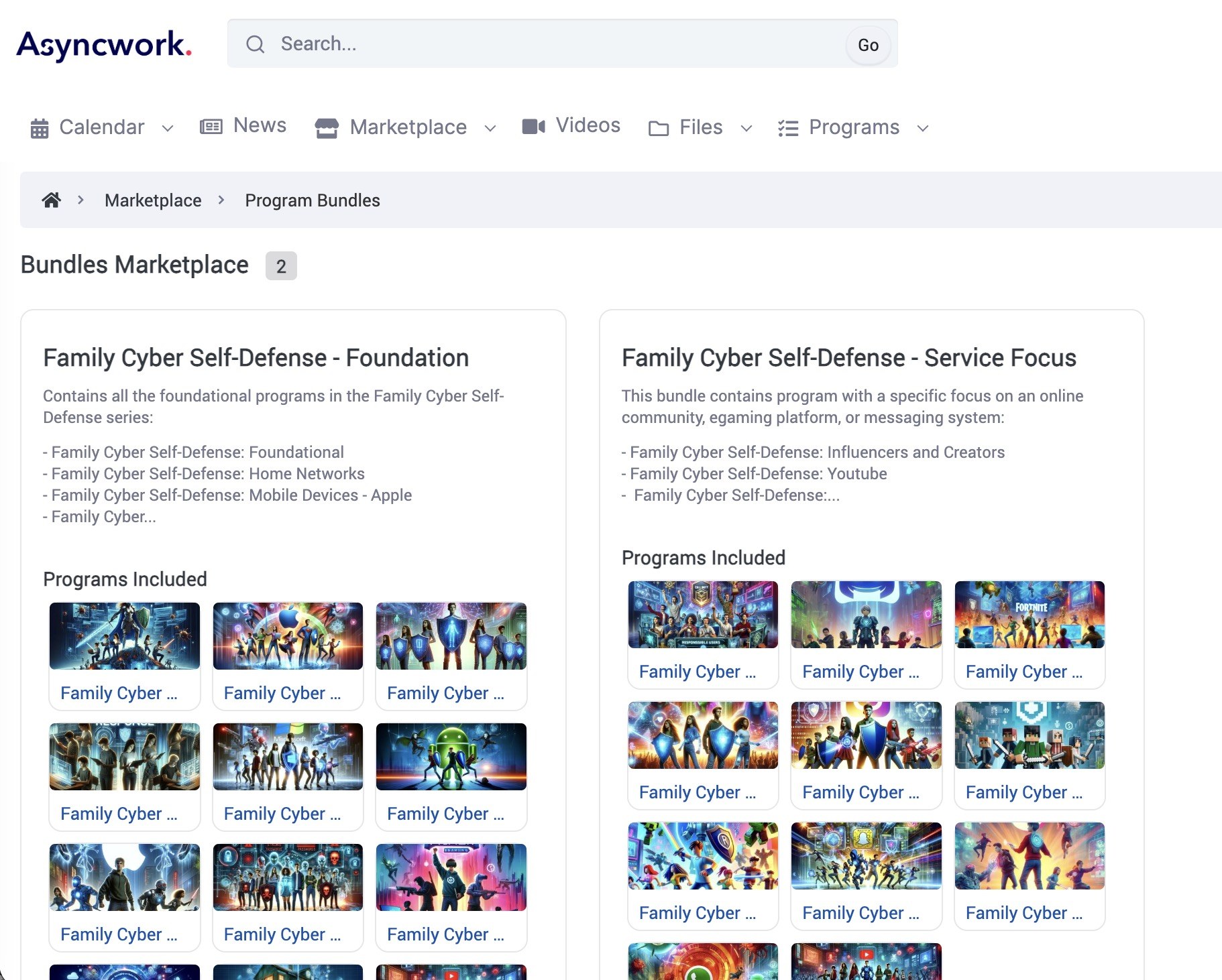 Asyncwork Bundles Marketplace showing the Family Cyber Self-Defense Foundation and Service Focus bundles